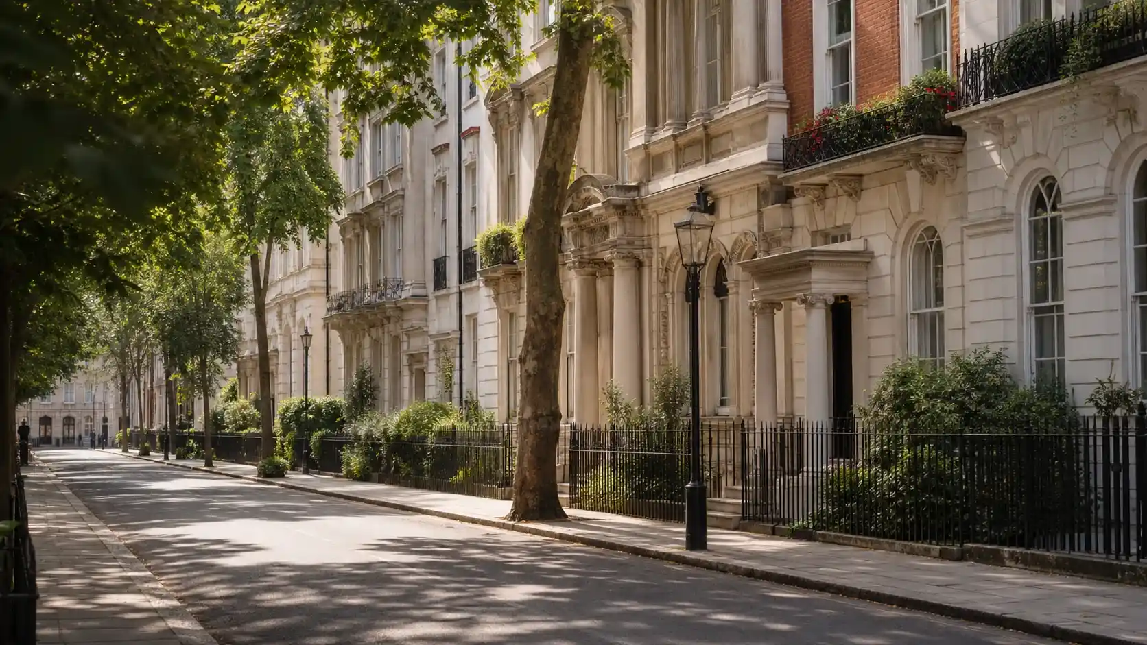 Leafy central London residential street with period townhouses.