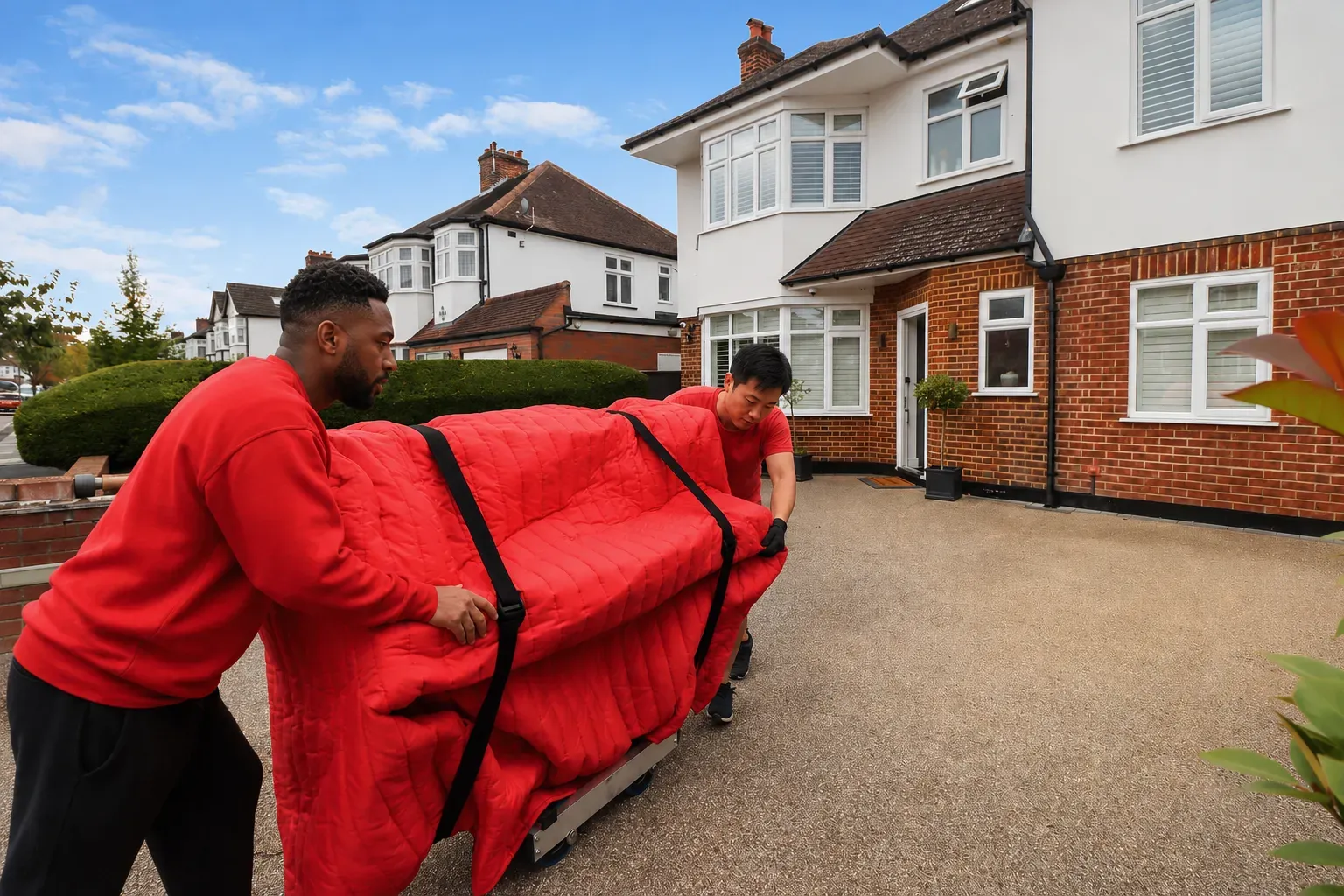 Redpath piano movers transporting a grand piano into a London property